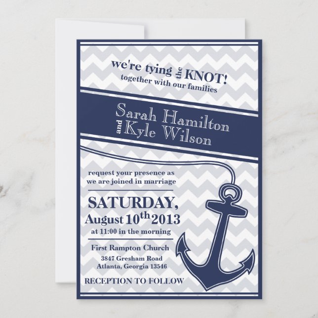 Nautical chevron navy blue wedding invitation (Front)