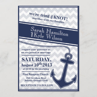 Nautical chevron navy blue wedding invitation
