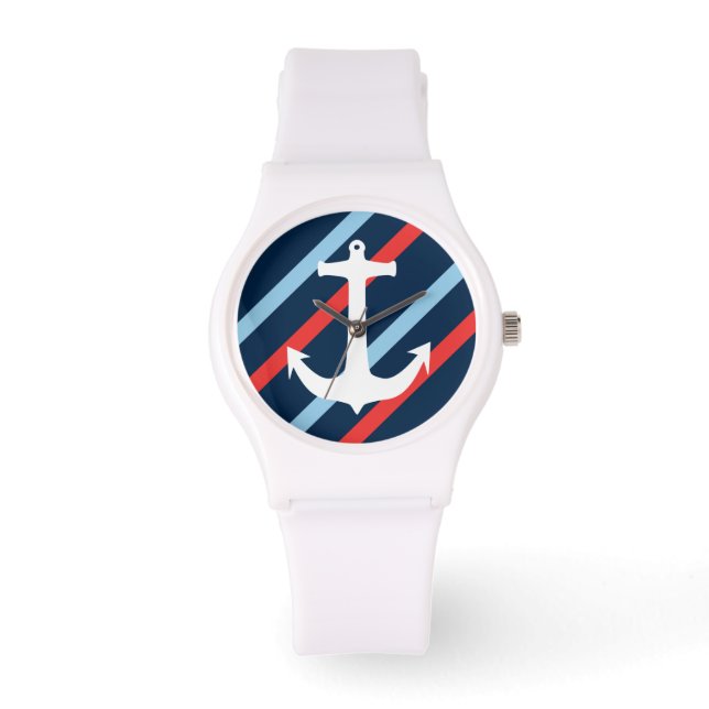 Nautical chic anchor navy blue red stripes watch (Front)
