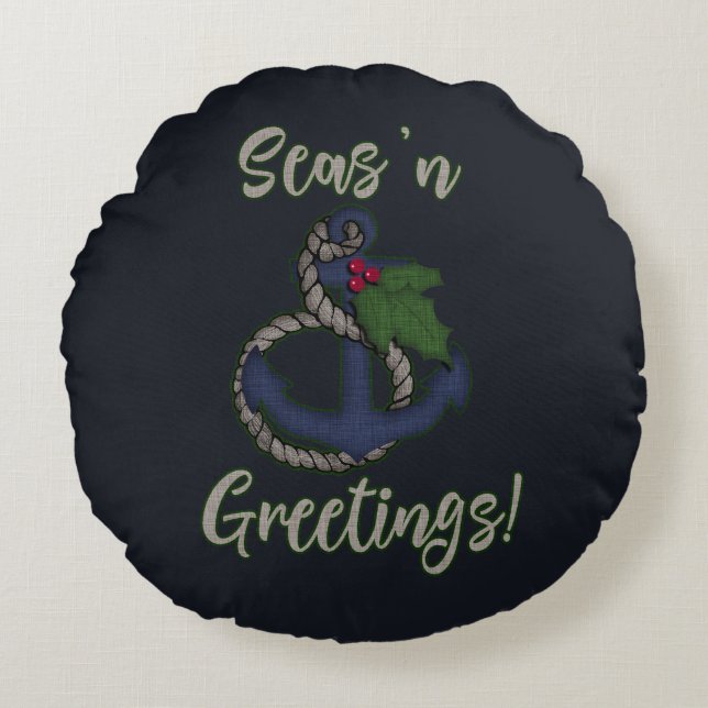 Nautical Christmas | Anchor and Holly Round Cushion (Front)