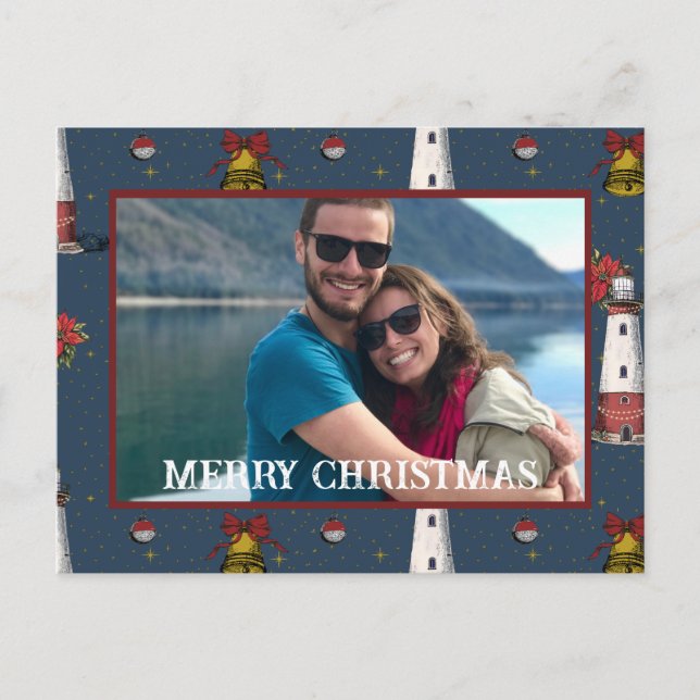 Nautical Christmas Coastal Lighthouse Pattern Holiday Postcard (Front)