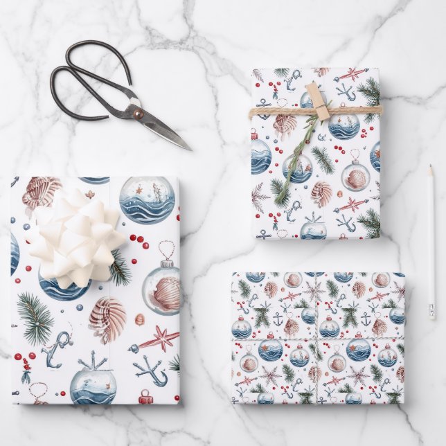 Nautical Christmas Coastal Ornament Pattern Wrapping Paper Sheet (Front)