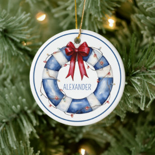 Nautical Christmas Life Preserver With Bow Ceramic Tree Decoration