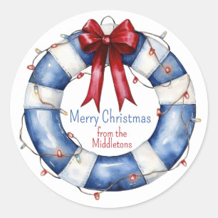 Nautical Christmas Life Preserver With Bow Classic Round Sticker