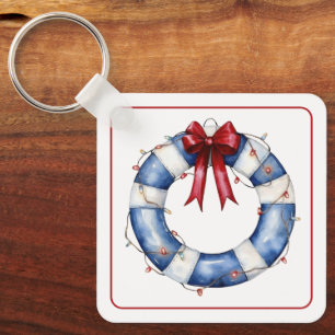 Nautical Christmas Life Preserver With Bow Key Ring