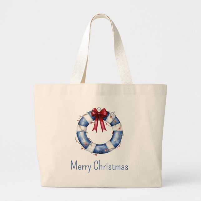 Nautical Christmas Life Preserver With Bow Large Tote Bag (Front)
