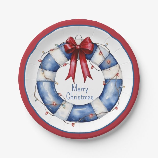 Nautical Christmas Life Preserver With Bow Paper Plate (Front)
