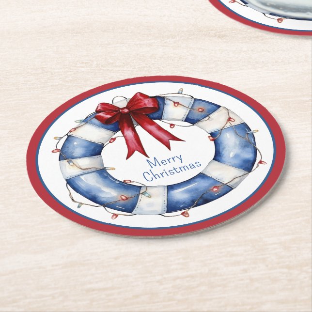 Nautical Christmas Life Preserver With Bow Round Paper Coaster (Angled)
