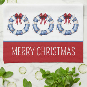 Nautical Christmas Life Preservers With Bows Tea Towel