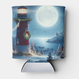 Nautical Christmas lighthouse Can Cooler