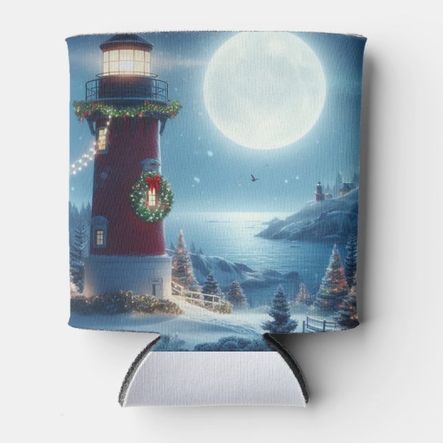Nautical Christmas lighthouse Can Cooler (Front)
