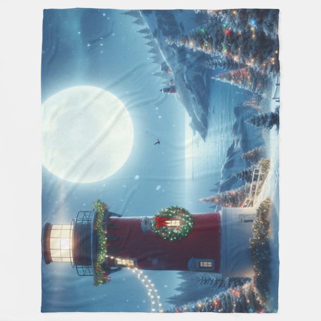 Nautical Christmas lighthouse Fleece Blanket (Front)