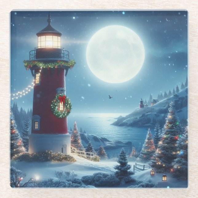 Nautical Christmas lighthouse Glass Coaster (Front)
