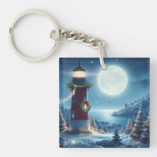 Nautical Christmas lighthouse Key Ring