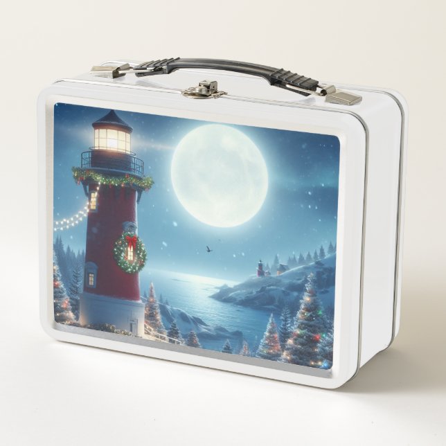 Nautical Christmas lighthouse Metal Lunch Box (Front)