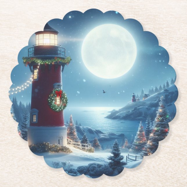 Nautical Christmas lighthouse Paper Coaster (Front)