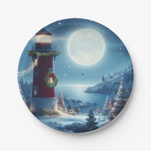 Nautical Christmas lighthouse Paper Plate (Front)