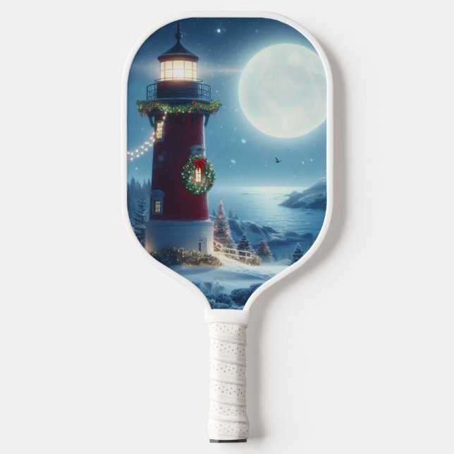 Nautical Christmas lighthouse Pickleball Paddle (Front)
