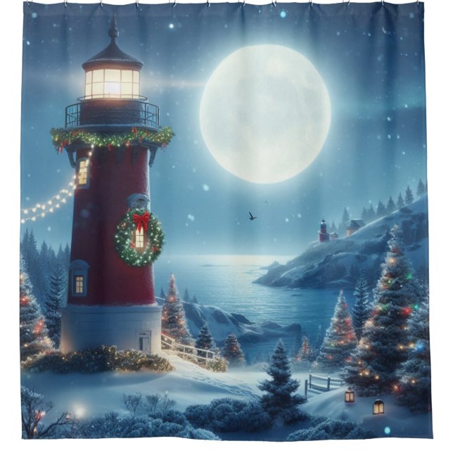 Nautical Christmas lighthouse Shower Curtain (Front)