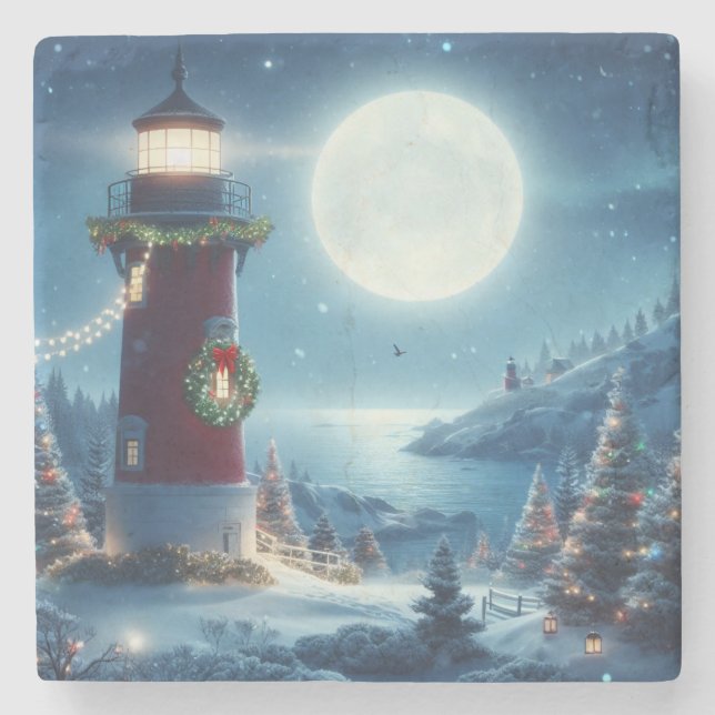 Nautical Christmas lighthouse Stone Coaster (Front)