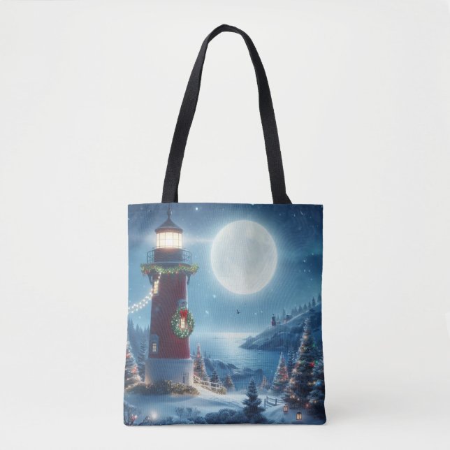 Nautical Christmas lighthouse Tote Bag (Front)