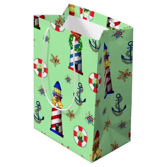 Nautical Christmas Lighthouses on Green Background Medium Gift Bag (Back Angled)
