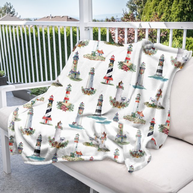 Nautical Christmas Lighthouses White Fleece Blanket (Creator Uploaded)