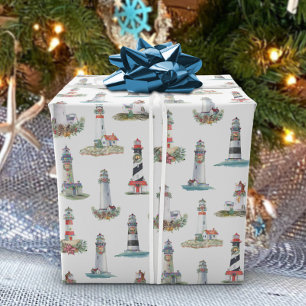Nautical Christmas Lighthouses White Wrapping Paper