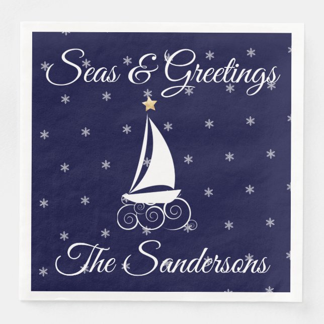 Nautical  Christmas navy blue sailboat  Napkin (Front)