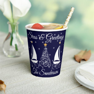 Nautical Christmas navy blue sailboat Paper Cups