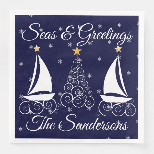 Nautical  Christmas navy blue sailboat  Paper Dinn Napkin (Front)