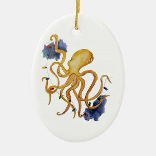 Nautical Christmas Octopus with string fairy light Ceramic Tree Decoration