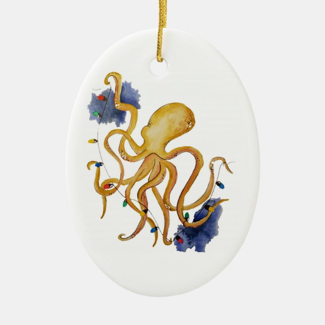 Nautical Christmas Octopus with string fairy light Ceramic Tree Decoration (Front)