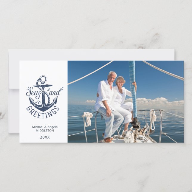 Nautical Christmas SEAS AND GREETINGS Anchor Photo Holiday Card (Front)
