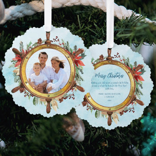 Nautical Christmas Ship Wheel Photo Tree Decoration Card