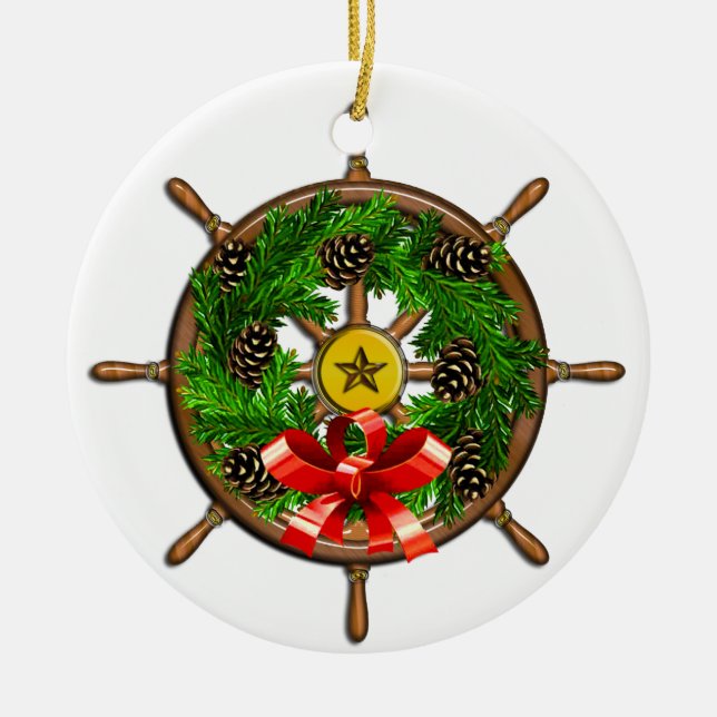 Nautical Christmas Ships Wheel Ceramic Tree Decoration (Front)