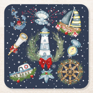 Nautical Christmas Square Paper Coaster