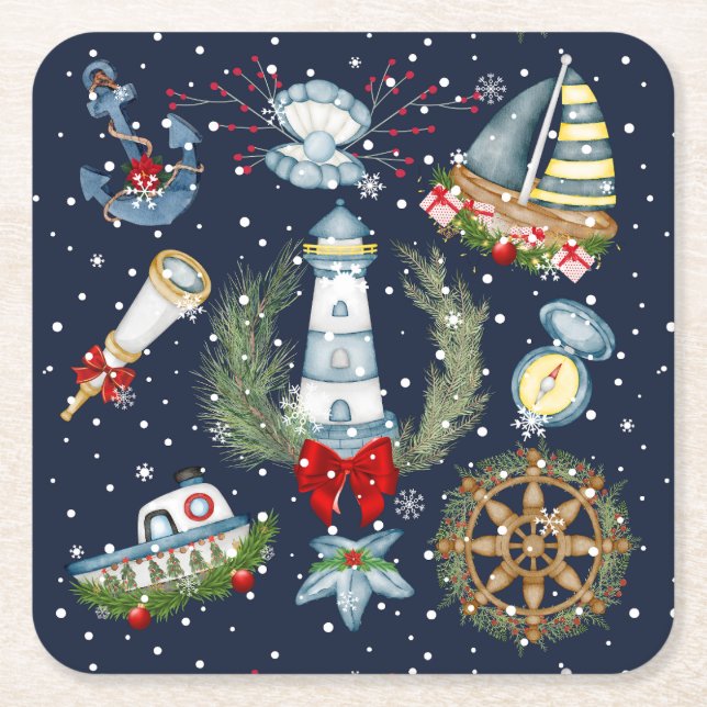 Nautical Christmas Square Paper Coaster (Front)