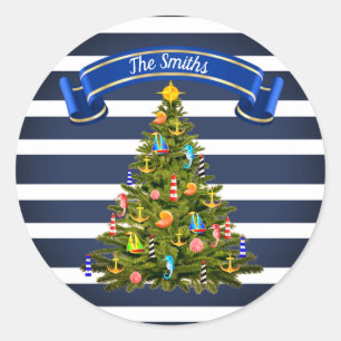 Nautical Christmas Tree Custom Classic Round Sticker