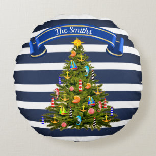Nautical Christmas Tree Custom Round Cushion