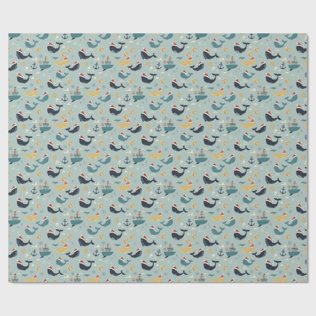 Nautical Christmas Wrapping Paper Featuring Whales (Flat)