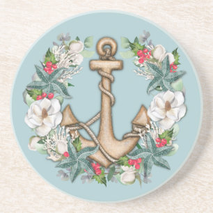 Nautical Christmas Wreath & Anchor Light Teal Coaster