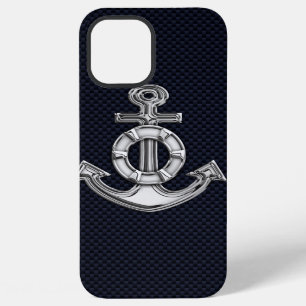 Nautical Chrome Anchor on Carbon Fibre Print iPhone 12 Pro Max Case