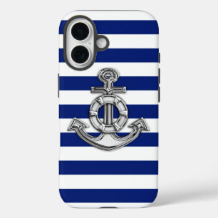 Nautical Chrome Anchor on Navy Stripes Print iPhone 16 Case