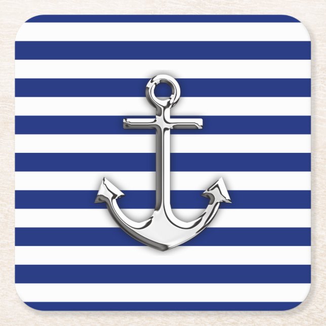 Nautical Chrome Anchor on Navy Stripes Print Square Paper Coaster (Front)
