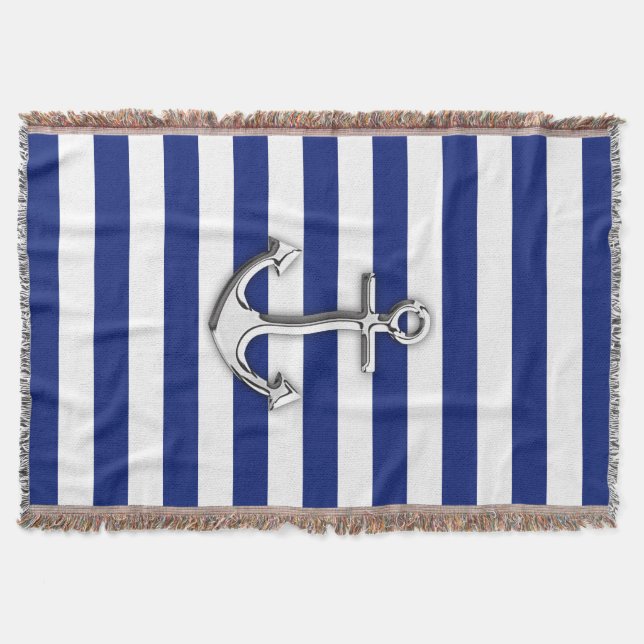 Nautical Chrome Anchor on Navy Stripes Throw Blanket (Front)