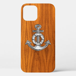 Nautical Chrome Anchor on Teak Wood Print iPhone 12 Pro Case