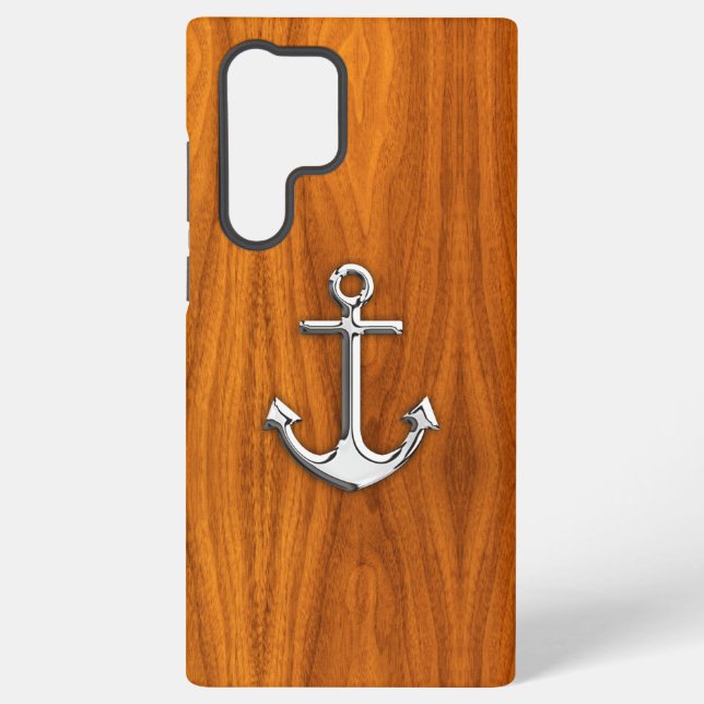 Nautical Chrome Anchor on Teak Wood Samsung Galaxy S22 Ultra Case (Back)