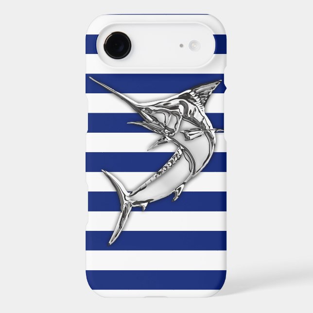 Nautical Chrome Blue Marlin on Navy Stripes Print Case-Mate iPhone Case (Back)