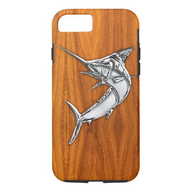 Nautical Chrome Blue Marlin on Teak Wood Print Case-Mate iPhone Case (Back)